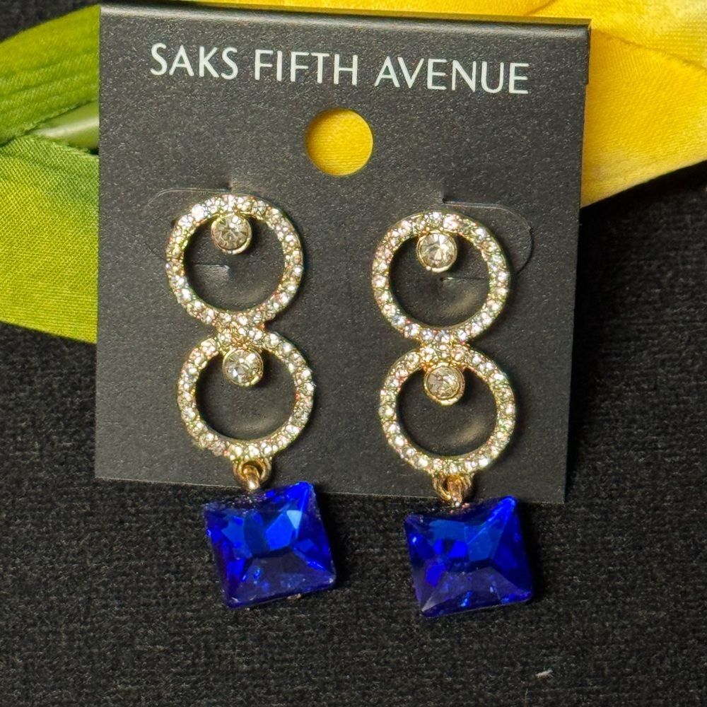 NWT Saks Fifth Avenue Gold Tone Blue Crystal Double Circle Drop Earrings 2"